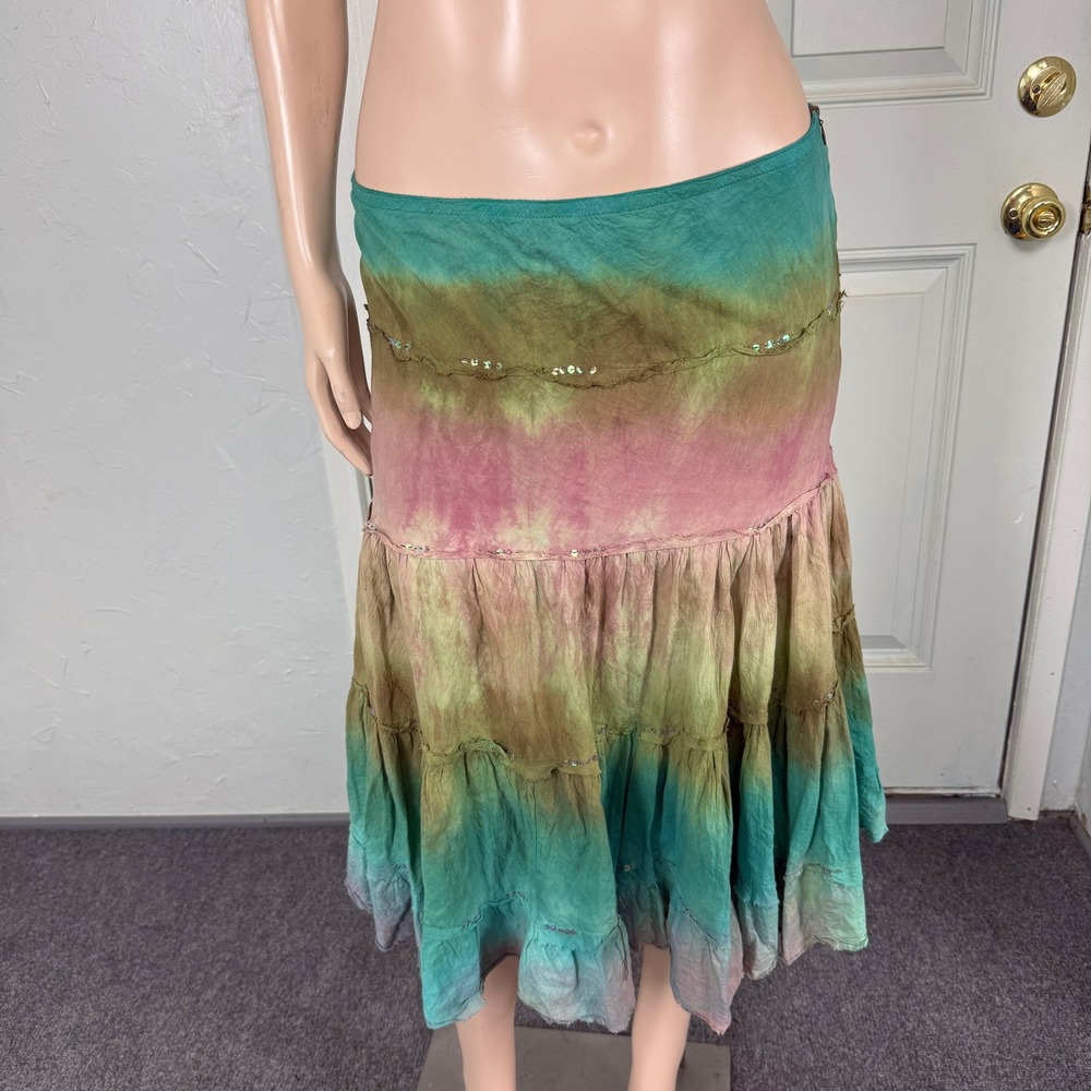 Vintage Y2K Speed Limit Skirt Large A-line Tiered Cotton Tie dye Hippy Sequin O9